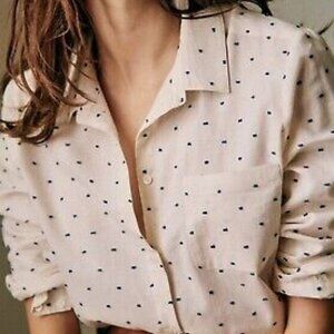 Sezane Linen Ramie Tomboy Shirt Ecru Blue Dot Print